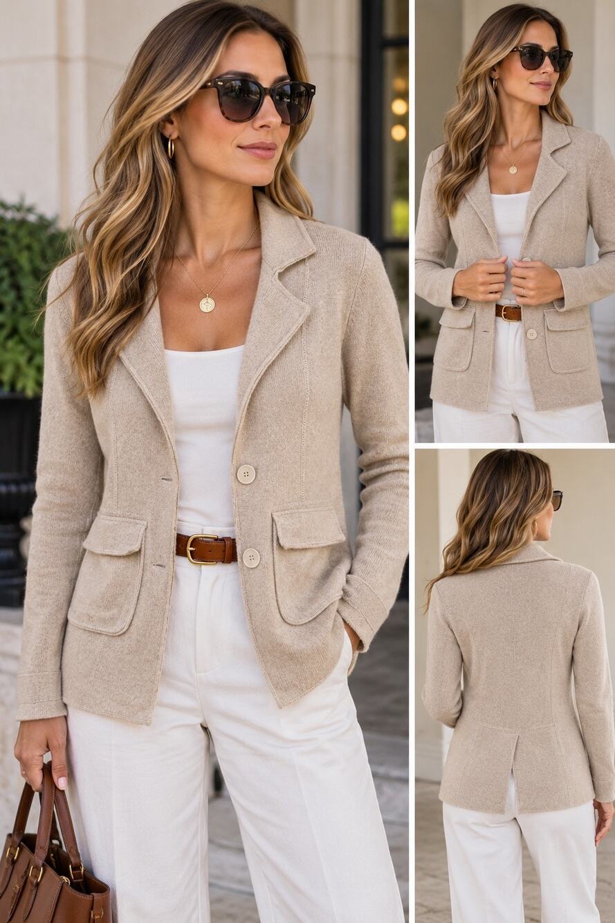 Aqua Cashmere 100% Cashmere Knit Blazer Sweater Small Beige Tan Quiet Luxury